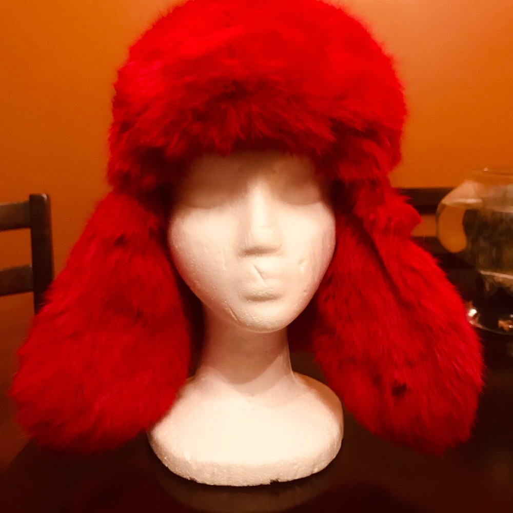 Red winter hat with rabbit fur from Europe 3-in-1
